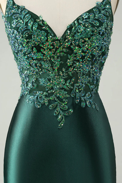 Amzcw Glitter Dark Green Tight V Neck Short Homecoming Dress with Sequins