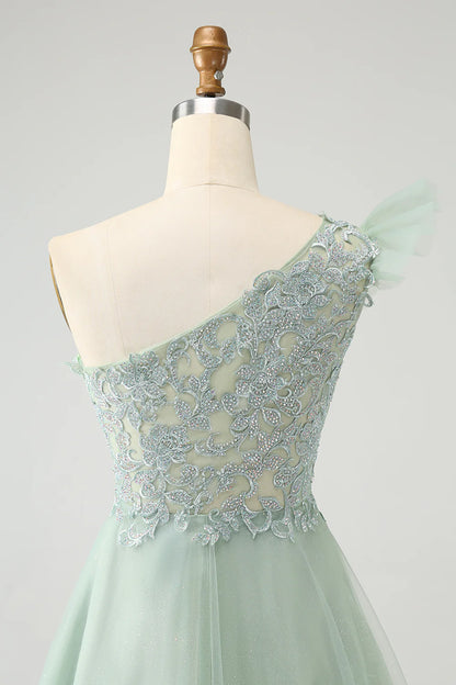 Amzcw Dusty Sage A Line One Shoulder Short Homecoming Dress with Beading