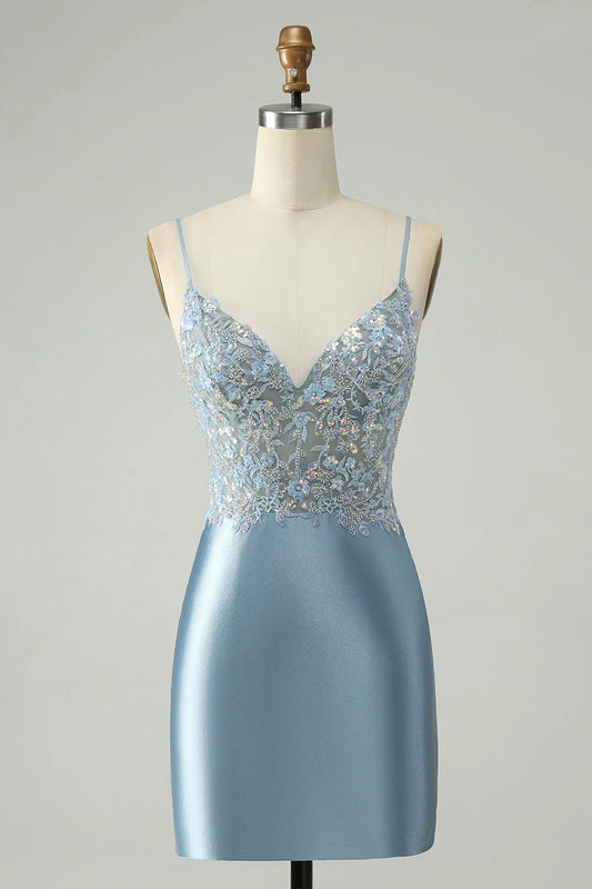 Amzcw Sparkly Dusty Blue Bodycon Beaded Floral Satin Homecoming Dress
