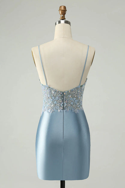 Amzcw Sparkly Dusty Blue Bodycon Beaded Floral Satin Homecoming Dress