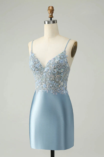 Amzcw Sparkly Dusty Blue Bodycon Beaded Floral Satin Homecoming Dress