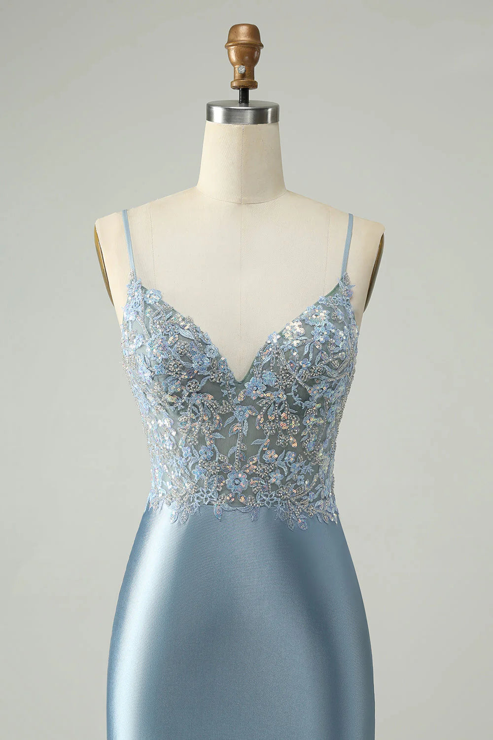 Amzcw Sparkly Dusty Blue Bodycon Beaded Floral Satin Homecoming Dress