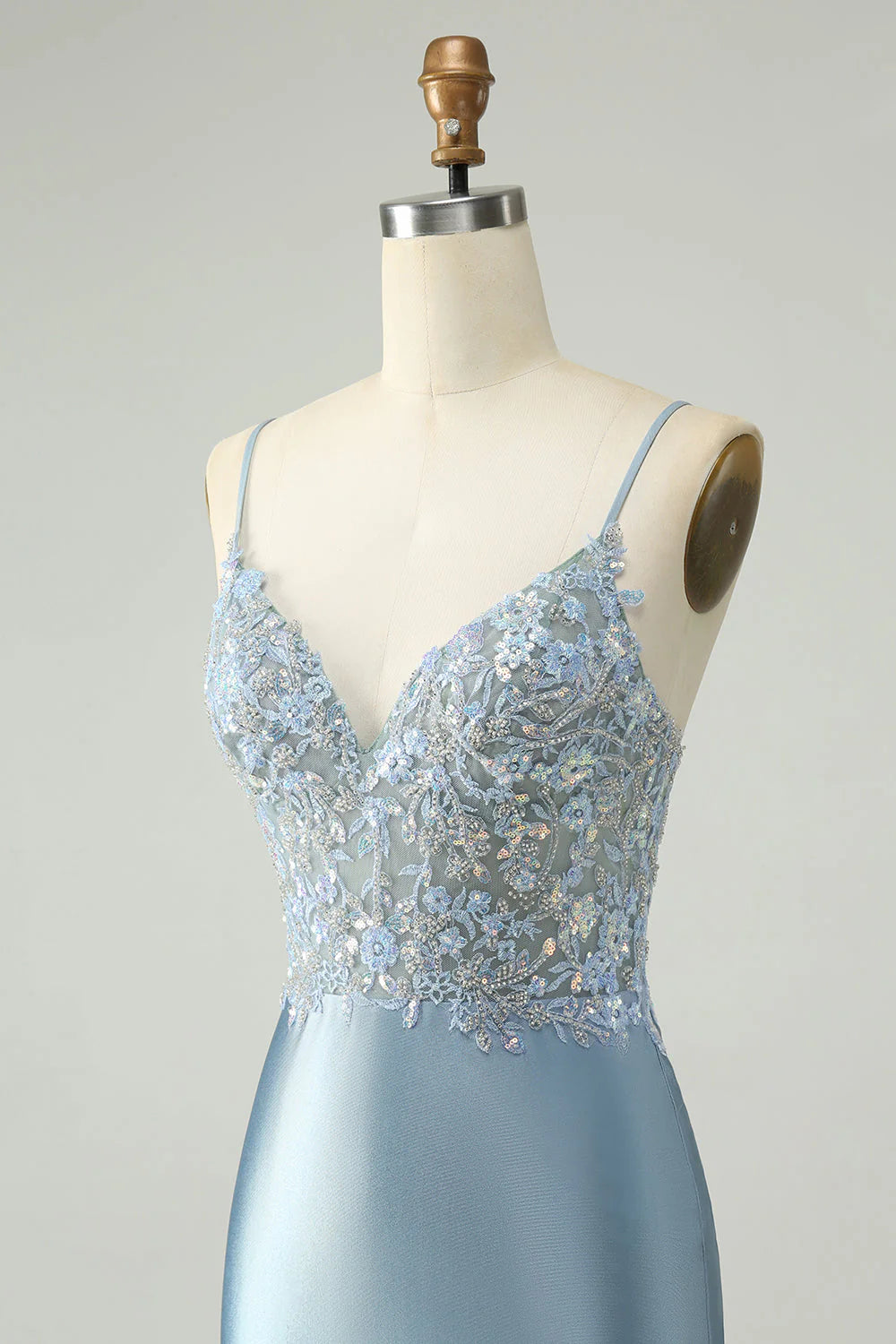 Amzcw Sparkly Dusty Blue Bodycon Beaded Floral Satin Homecoming Dress