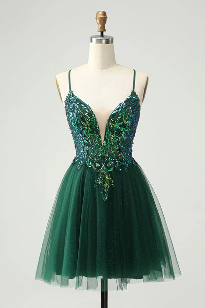 Amzcw Cute Dark Green A Line V Neck Sequin Short Homecoming Dress with Appliques