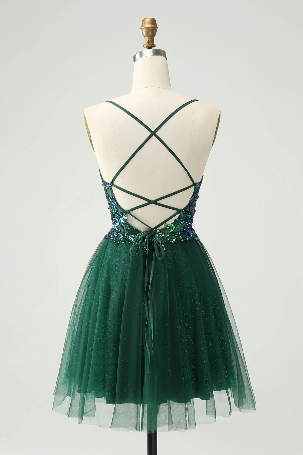 Amzcw Cute Dark Green A Line V Neck Sequin Short Homecoming Dress with Appliques