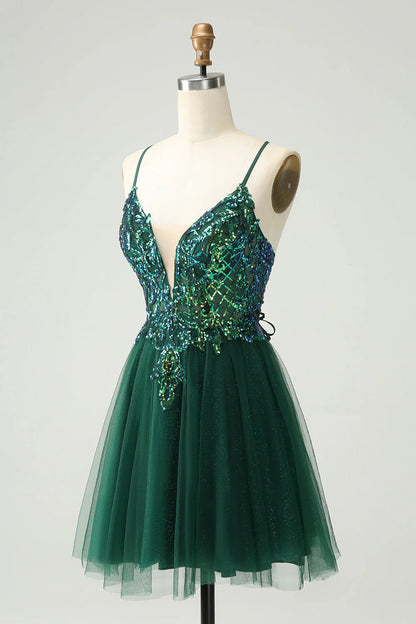 Amzcw Cute Dark Green A Line V Neck Sequin Short Homecoming Dress with Appliques