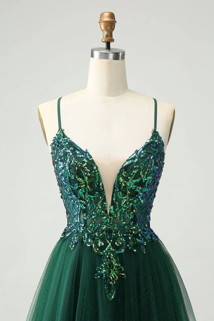 Amzcw Cute Dark Green A Line V Neck Sequin Short Homecoming Dress with Appliques