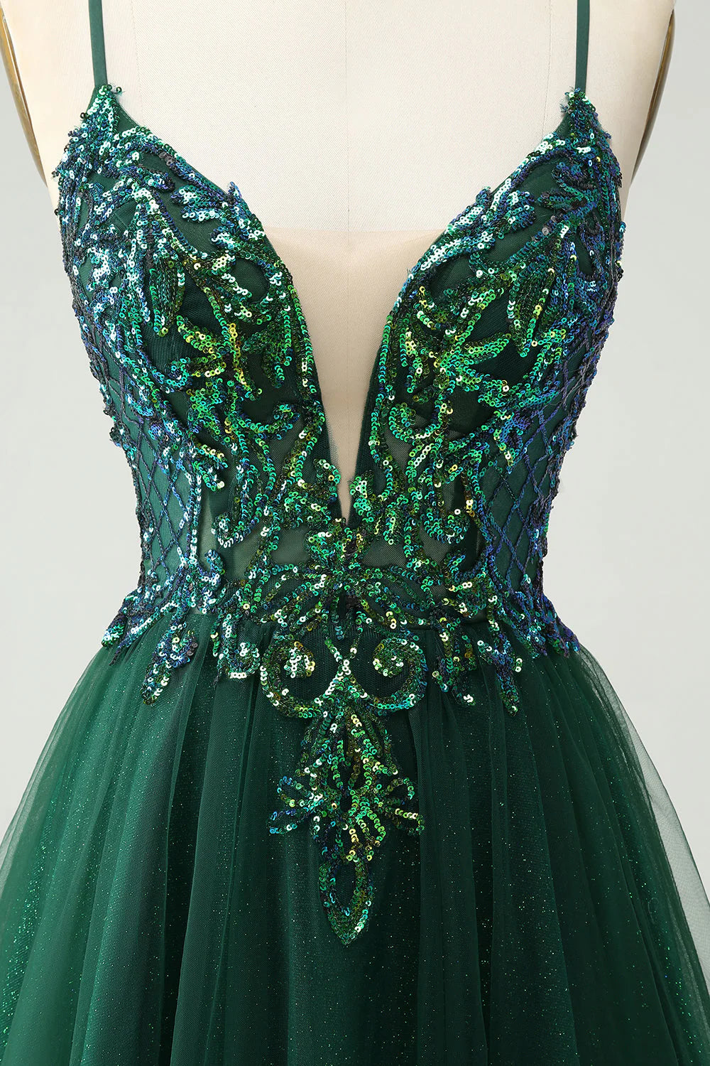 Amzcw Cute Dark Green A Line V Neck Sequin Short Homecoming Dress with Appliques