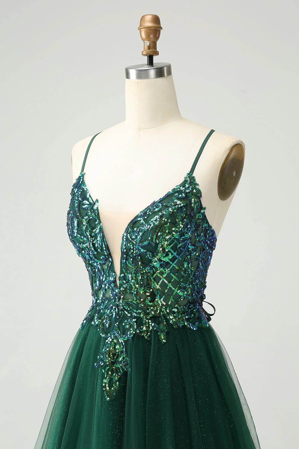 Amzcw Cute Dark Green A Line V Neck Sequin Short Homecoming Dress with Appliques
