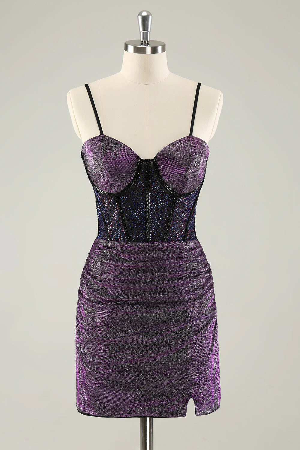 Amzcw Glitter Dark Purple Pleated Corset Short Homecoming Dresses with Lace Up Back