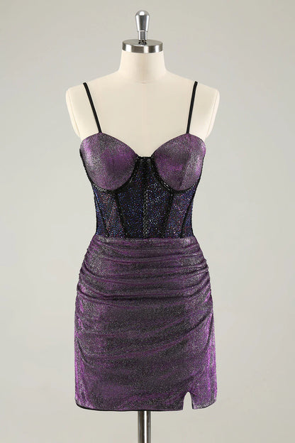Amzcw Glitter Dark Purple Pleated Corset Short Homecoming Dresses with Lace Up Back