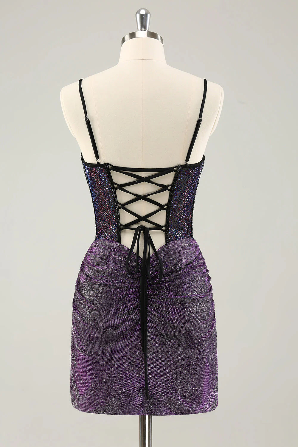 Amzcw Glitter Dark Purple Pleated Corset Short Homecoming Dresses with Lace Up Back