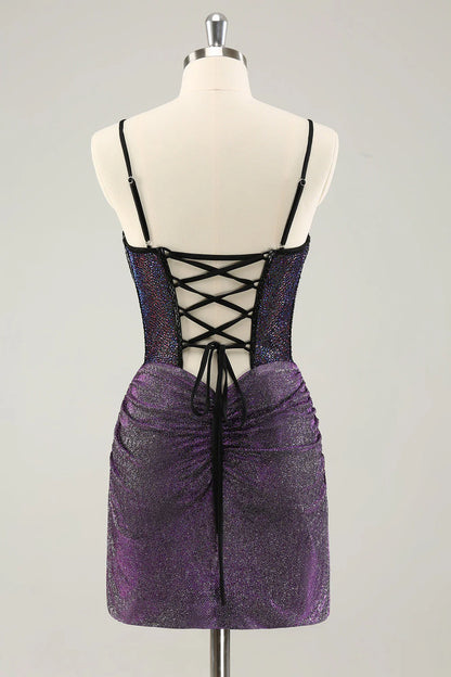 Amzcw Glitter Dark Purple Pleated Corset Short Homecoming Dresses with Lace Up Back