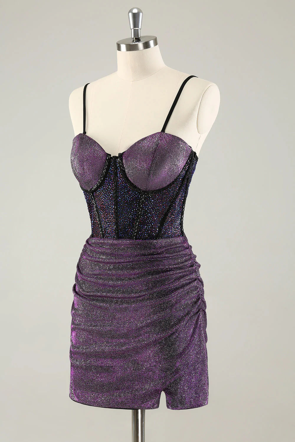 Amzcw Glitter Dark Purple Pleated Corset Short Homecoming Dresses with Lace Up Back