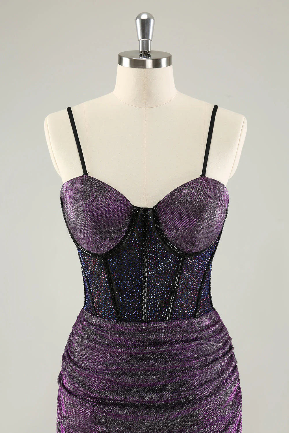 Amzcw Glitter Dark Purple Pleated Corset Short Homecoming Dresses with Lace Up Back