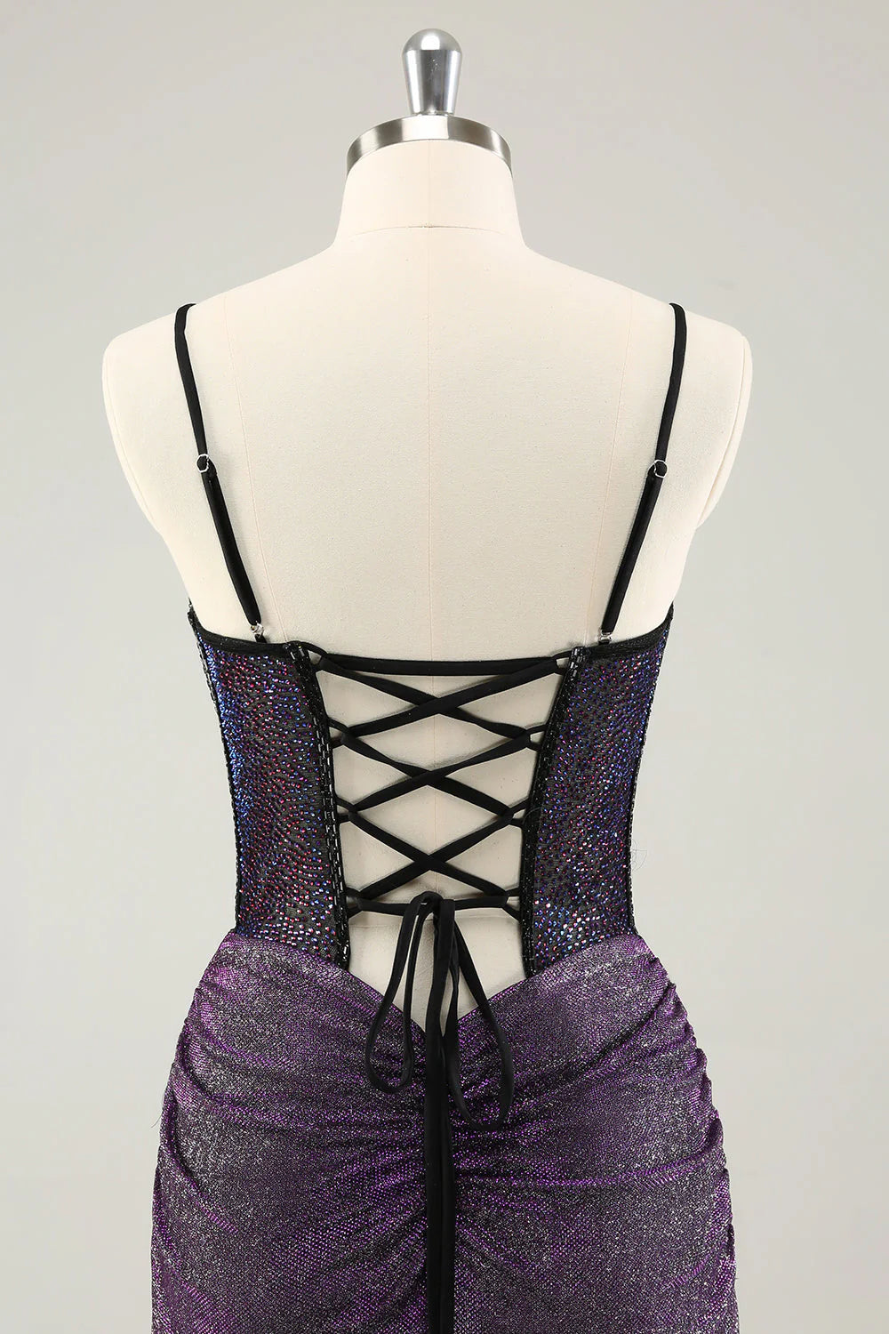 Amzcw Glitter Dark Purple Pleated Corset Short Homecoming Dresses with Lace Up Back