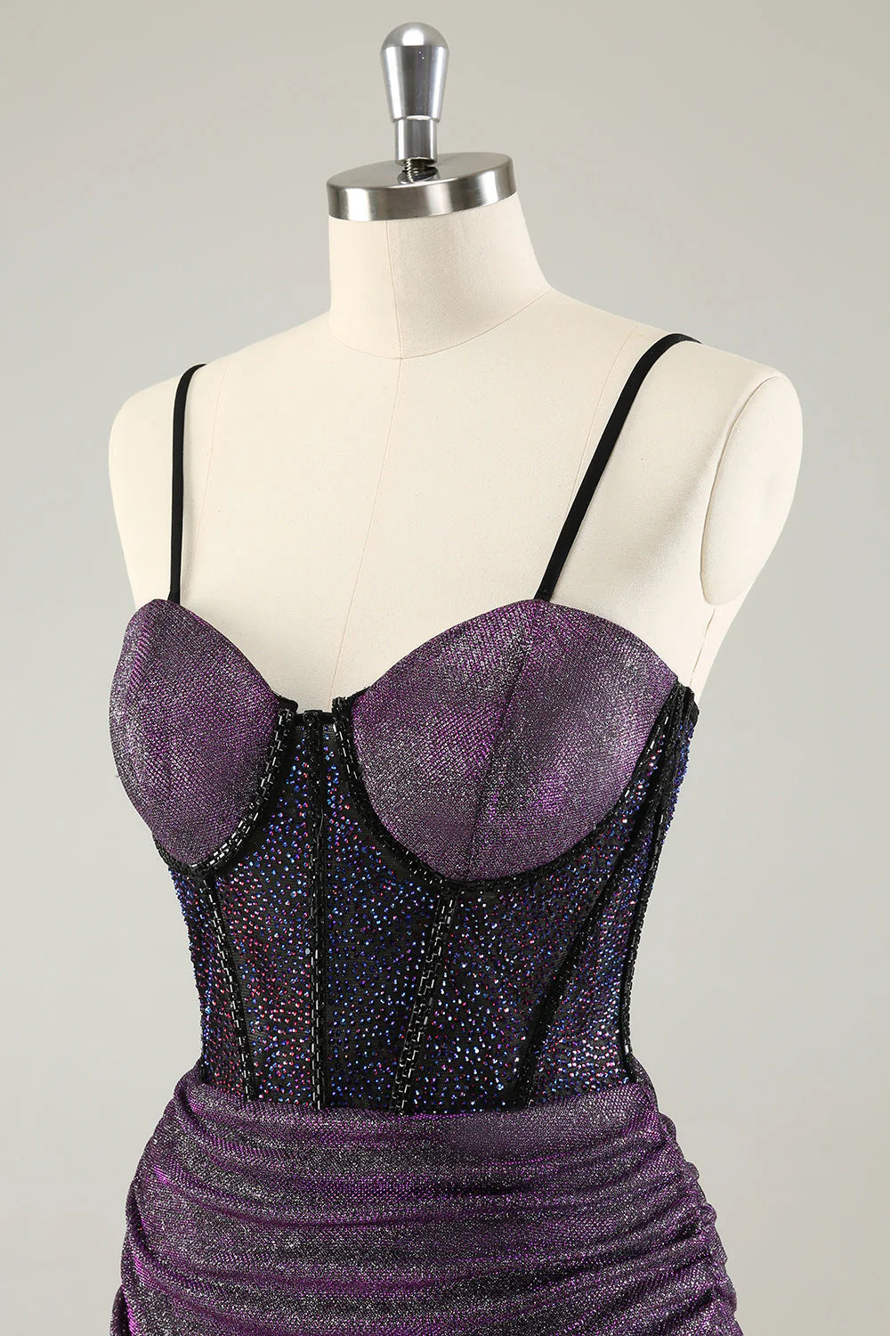 Amzcw Glitter Dark Purple Pleated Corset Short Homecoming Dresses with Lace Up Back