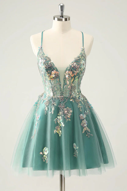 Amzcw Glitter Grey Green A Line Spaghetti Straps Sequins Homecoming Dresses with Appliques