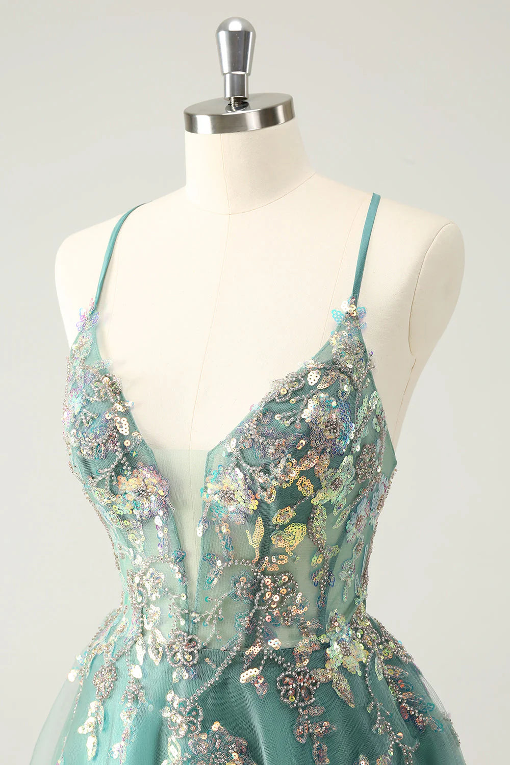 Amzcw Glitter Grey Green A Line Spaghetti Straps Sequins Homecoming Dresses with Appliques