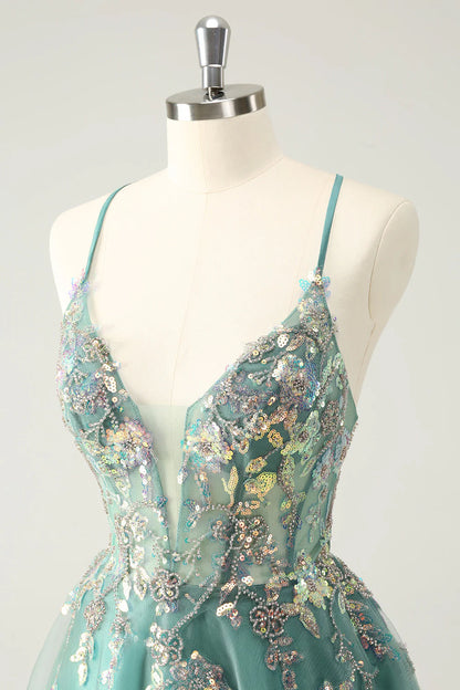 Amzcw Glitter Grey Green A Line Spaghetti Straps Sequins Homecoming Dresses with Appliques