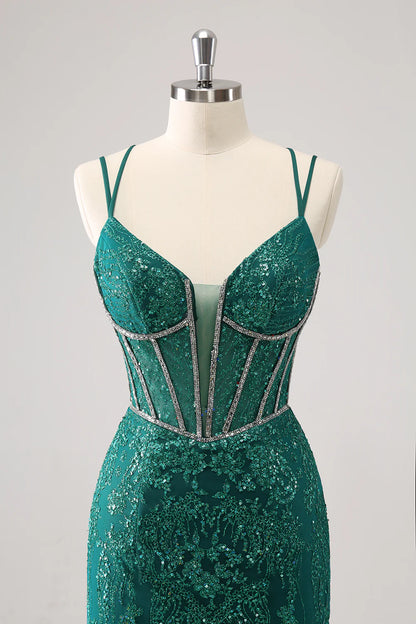 Amzcw Glitter Dark Green Corset Spaghetti Straps Short Tight Homecoming Dresses