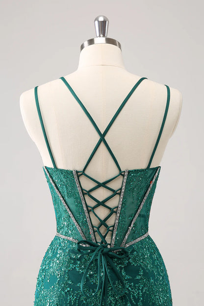 Amzcw Glitter Dark Green Corset Spaghetti Straps Short Tight Homecoming Dresses