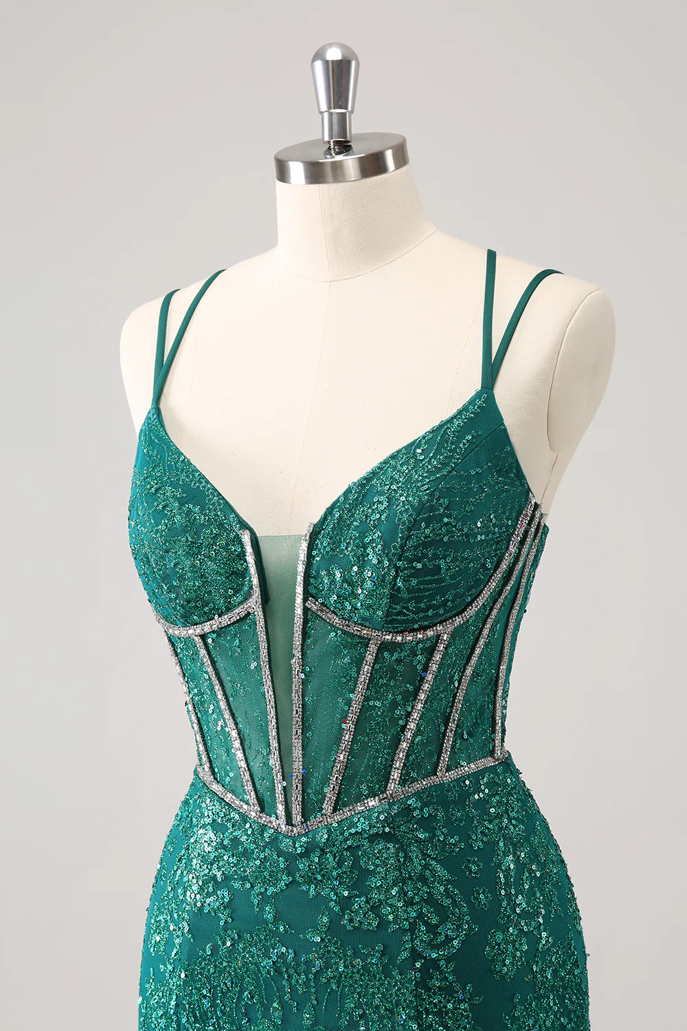 Amzcw Glitter Dark Green Corset Spaghetti Straps Short Tight Homecoming Dresses
