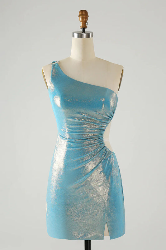Amzcw Sparkly Blue Tight One Shoulder Hollow Out Pleated Metallic Homecoming Dress With Slit
