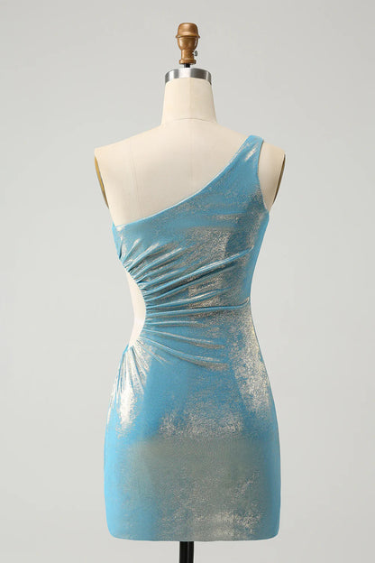 Amzcw Sparkly Blue Tight One Shoulder Hollow Out Pleated Metallic Homecoming Dress With Slit