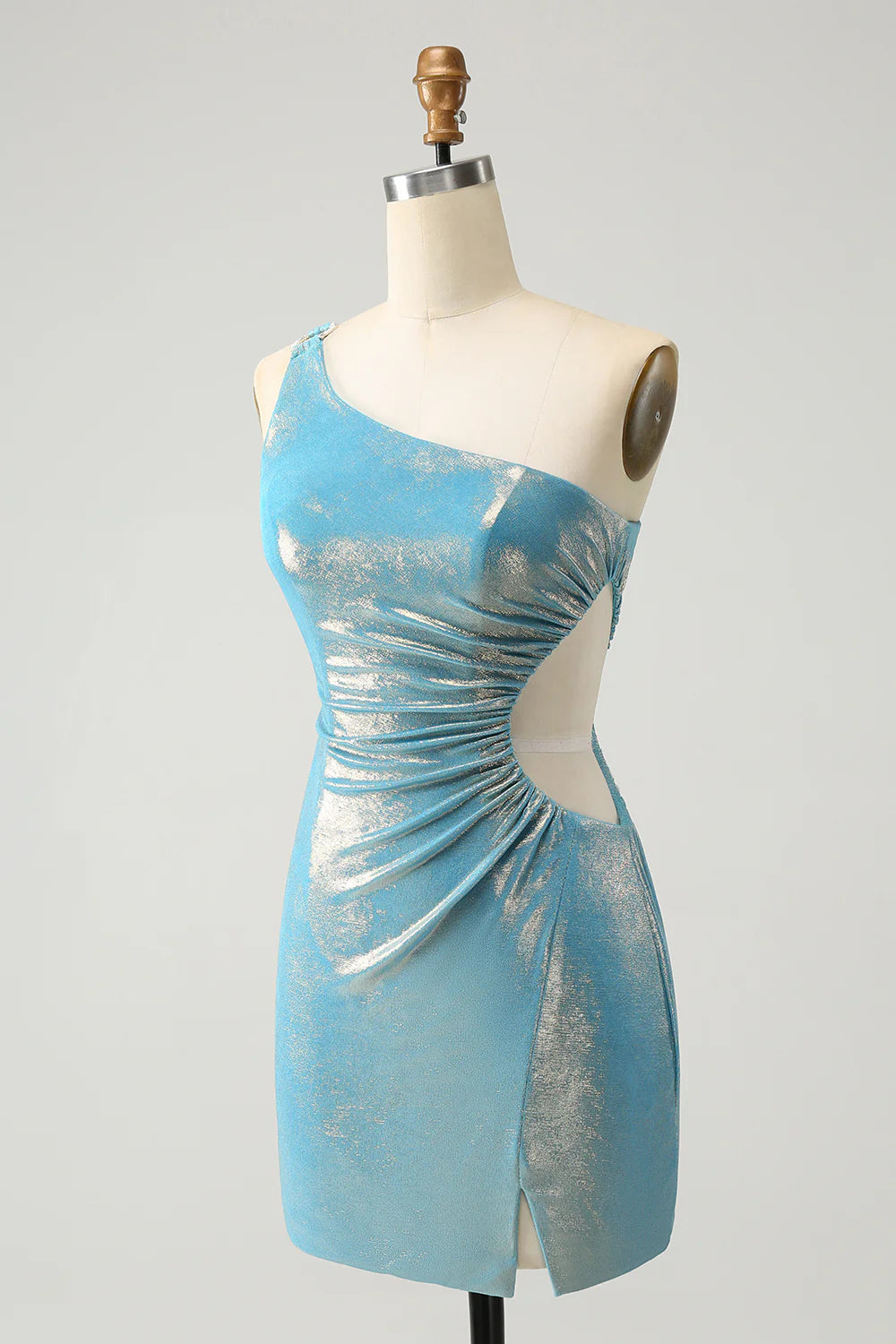 Amzcw Sparkly Blue Tight One Shoulder Hollow Out Pleated Metallic Homecoming Dress With Slit