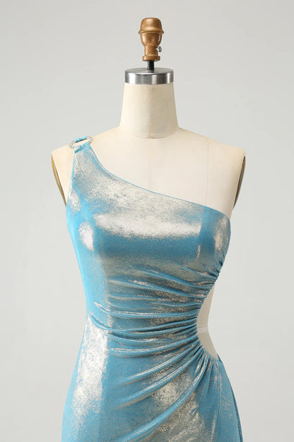 Amzcw Sparkly Blue Tight One Shoulder Hollow Out Pleated Metallic Homecoming Dress With Slit