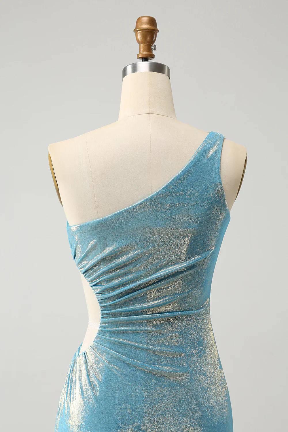 Amzcw Sparkly Blue Tight One Shoulder Hollow Out Pleated Metallic Homecoming Dress With Slit