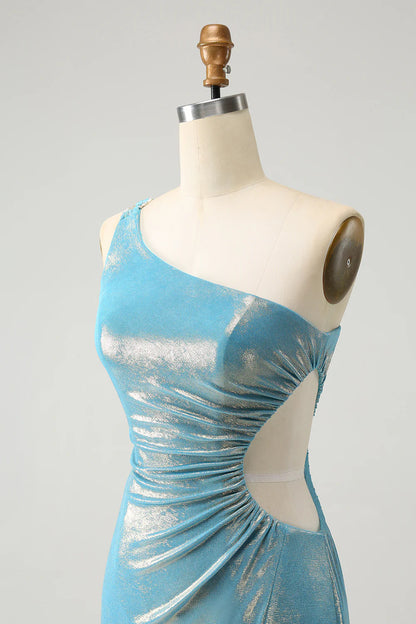 Amzcw Sparkly Blue Tight One Shoulder Hollow Out Pleated Metallic Homecoming Dress With Slit