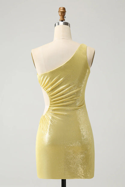 Amzcw Sparkly Yellow Bodycon One Shoulder Hollow Out Pleated Metallic Homecoming Dress