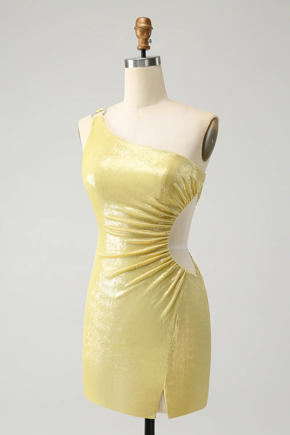Amzcw Sparkly Yellow Bodycon One Shoulder Hollow Out Pleated Metallic Homecoming Dress
