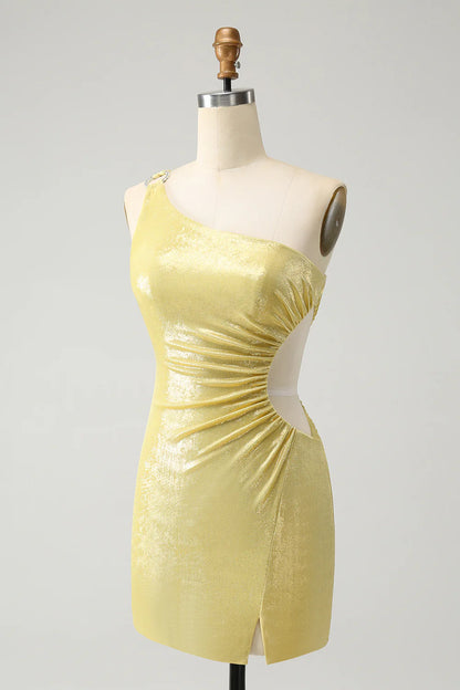 Amzcw Sparkly Yellow Bodycon One Shoulder Hollow Out Pleated Metallic Homecoming Dress