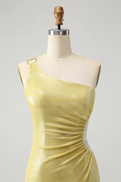 Amzcw Sparkly Yellow Bodycon One Shoulder Hollow Out Pleated Metallic Homecoming Dress