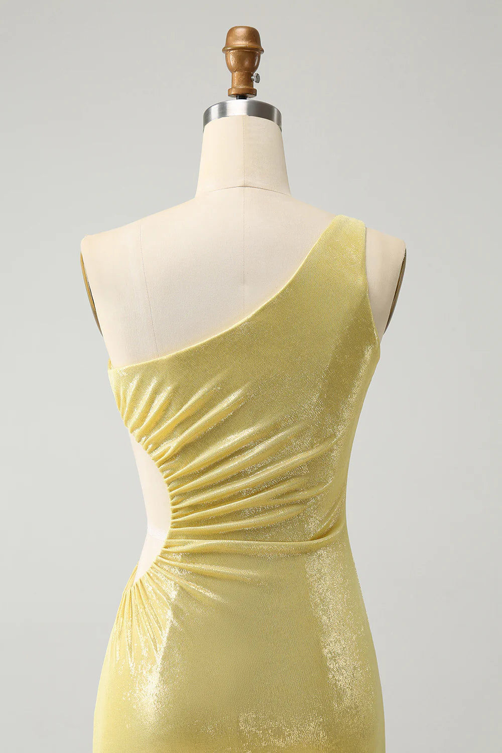 Amzcw Sparkly Yellow Bodycon One Shoulder Hollow Out Pleated Metallic Homecoming Dress