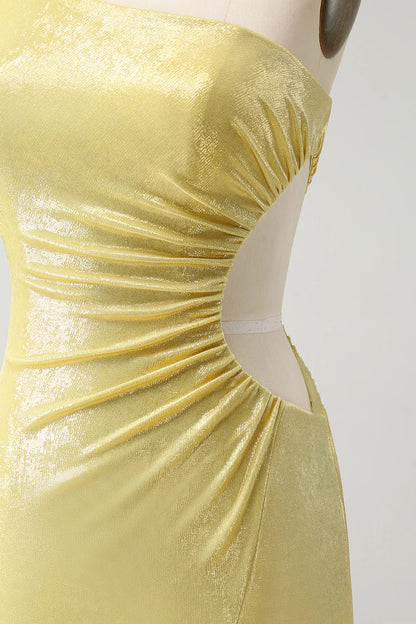 Amzcw Sparkly Yellow Bodycon One Shoulder Hollow Out Pleated Metallic Homecoming Dress