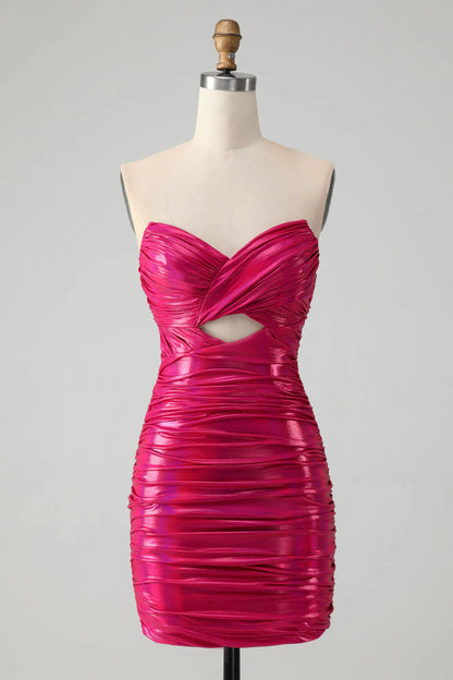 Amzcw Chic Strapless Keyhole Pleated Fuchsia Tight Metallic Homecoming Dress