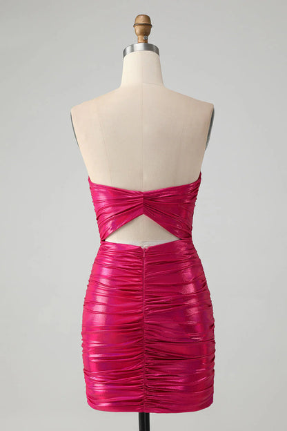 Amzcw Chic Strapless Keyhole Pleated Fuchsia Tight Metallic Homecoming Dress