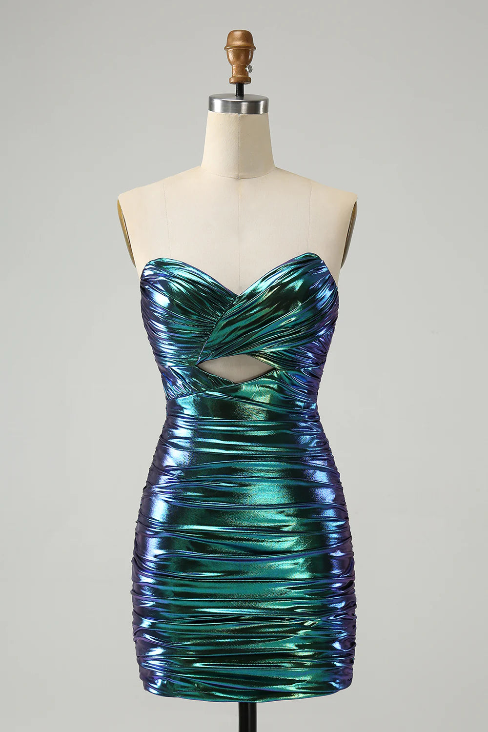 Amzcw Chic Teal Blue Strapless Keyhole Pleated Tight Metallic Homecoming Dress