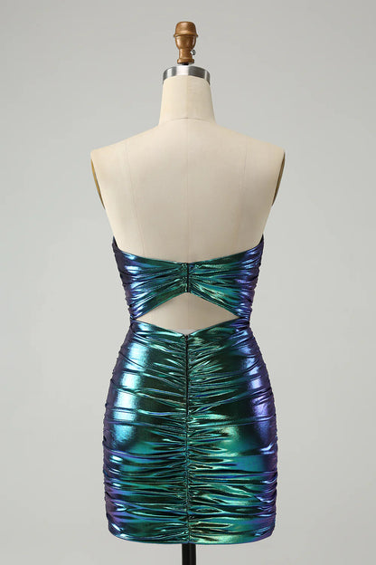 Amzcw Chic Teal Blue Strapless Keyhole Pleated Tight Metallic Homecoming Dress