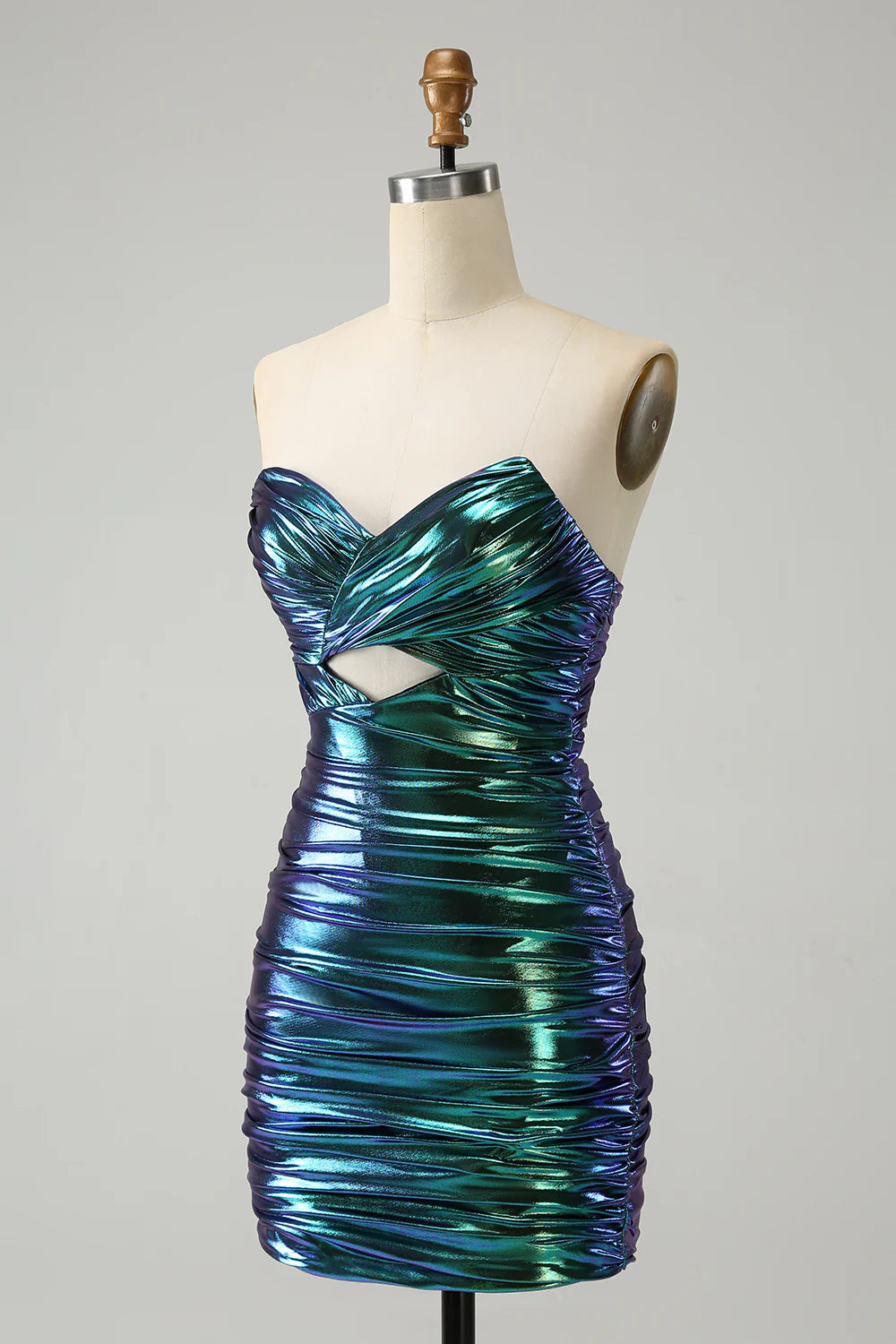 Amzcw Chic Teal Blue Strapless Keyhole Pleated Tight Metallic Homecoming Dress