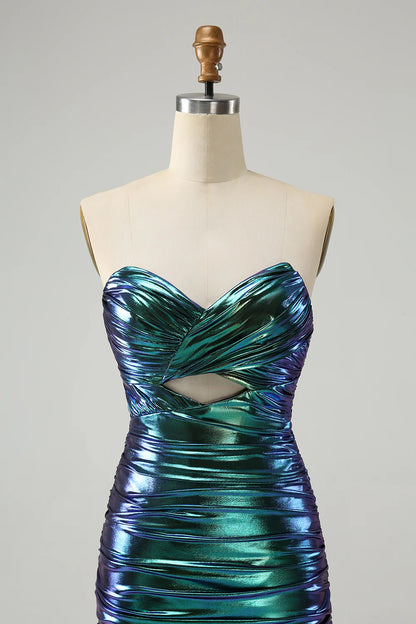 Amzcw Chic Teal Blue Strapless Keyhole Pleated Tight Metallic Homecoming Dress