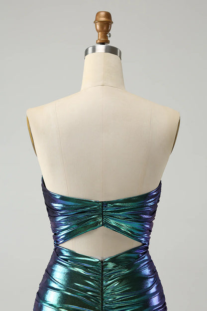 Amzcw Chic Teal Blue Strapless Keyhole Pleated Tight Metallic Homecoming Dress