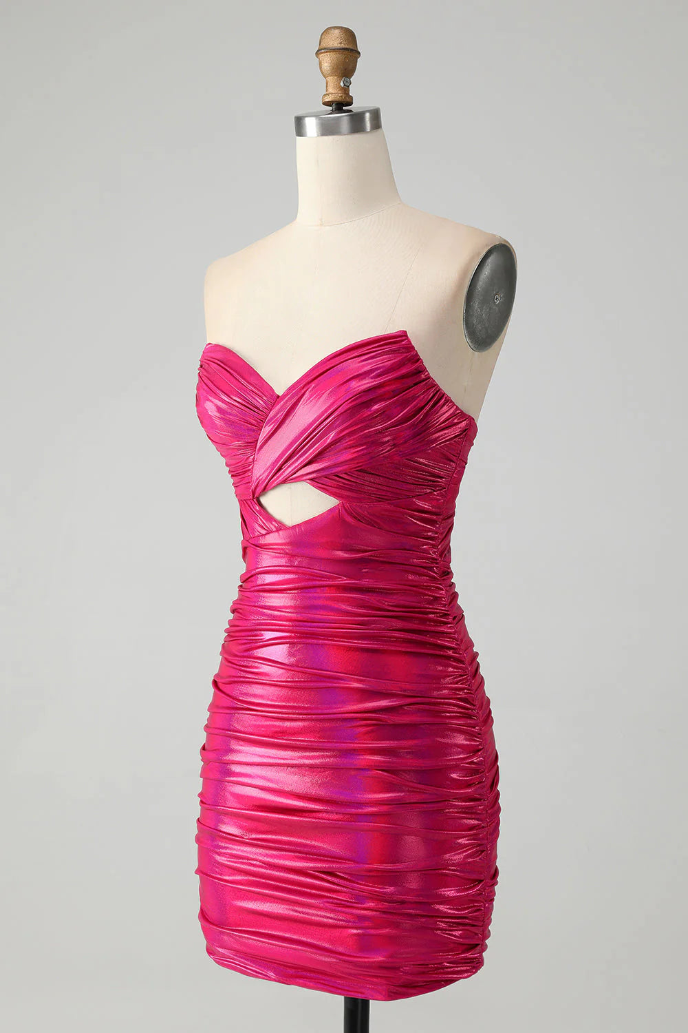 Amzcw Chic Strapless Keyhole Pleated Fuchsia Tight Metallic Homecoming Dress