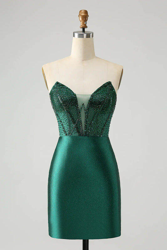 Amzcw Classy Sparkly Dark Green Tight Strapless Short Homecoming Dress with Beading