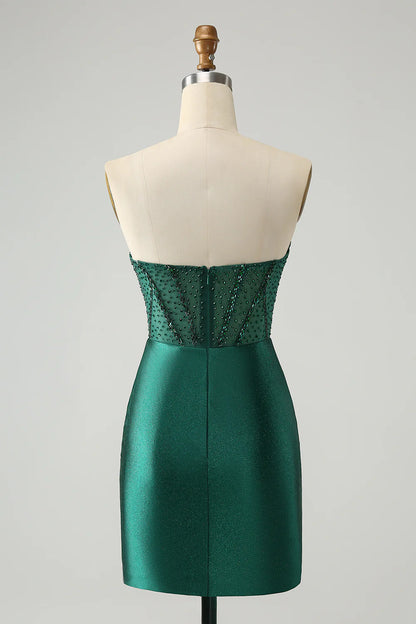 Amzcw Classy Sparkly Dark Green Tight Strapless Short Homecoming Dress with Beading