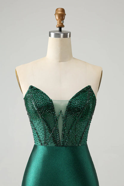 Amzcw Classy Sparkly Dark Green Tight Strapless Short Homecoming Dress with Beading